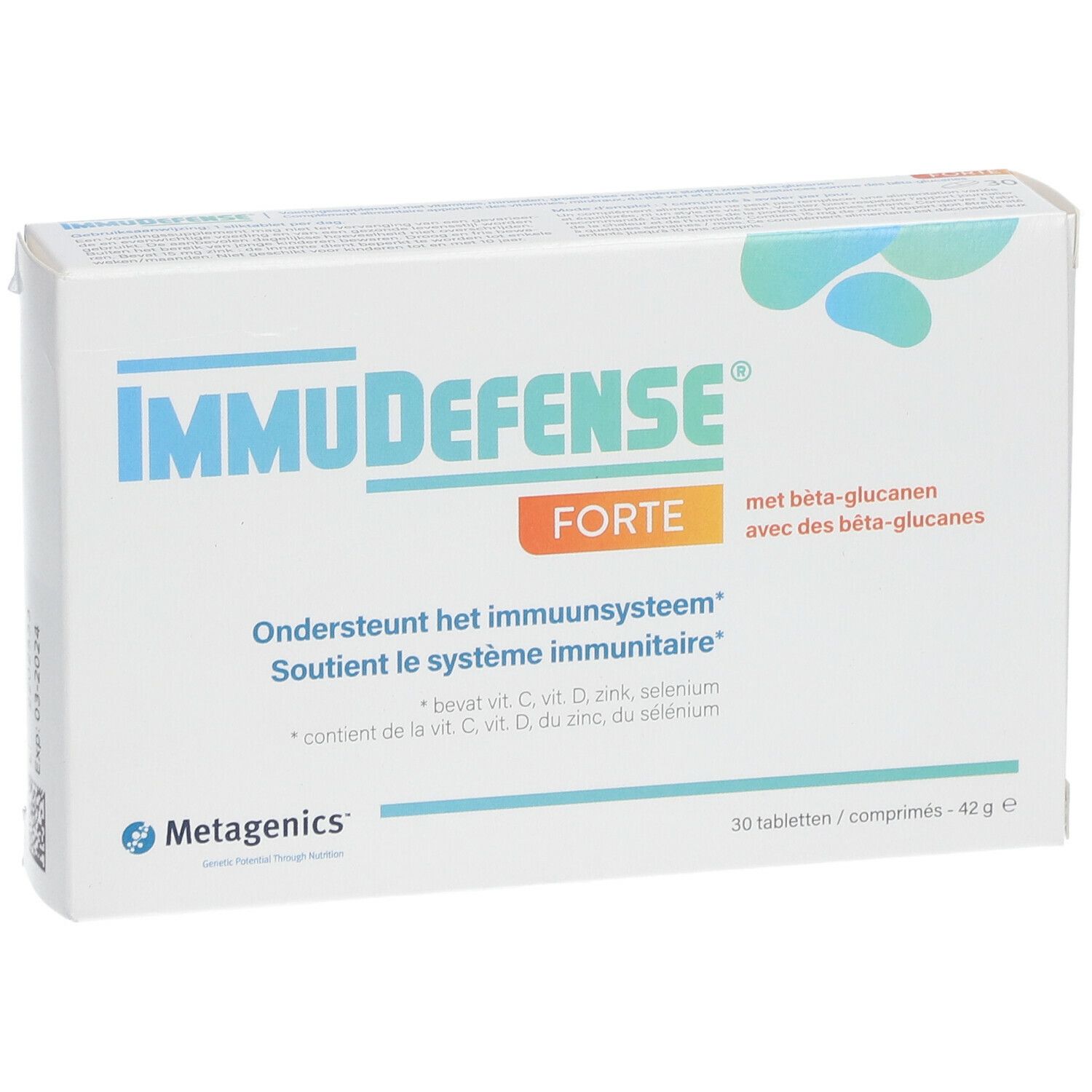 Boîte ImmuDefense Forte. Contient 30 comprimés. Inscription : Soutient le système immunitaire. Contient vitamines et minéraux.