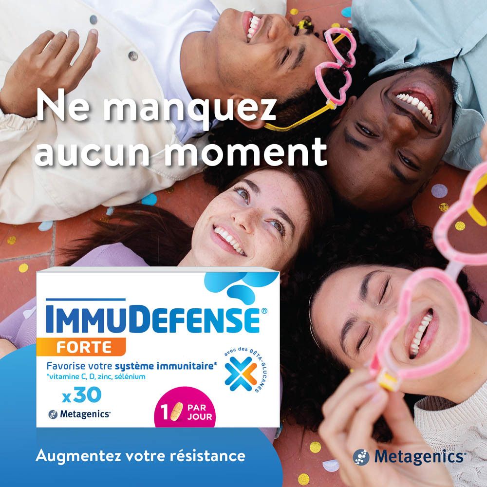 Personnes allongées ensemble. Boîte ImmuDefense Forte. Contient 30 comprimés. Favorise le système immunitaire. 1 comprimé par jour.