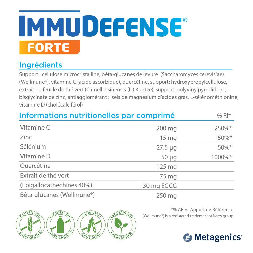 Tableau avec ingrédients et informations nutritionnelles. Contient vitamine C, zinc, sélénium, vitamine D, quercétine, extrait de thé vert.