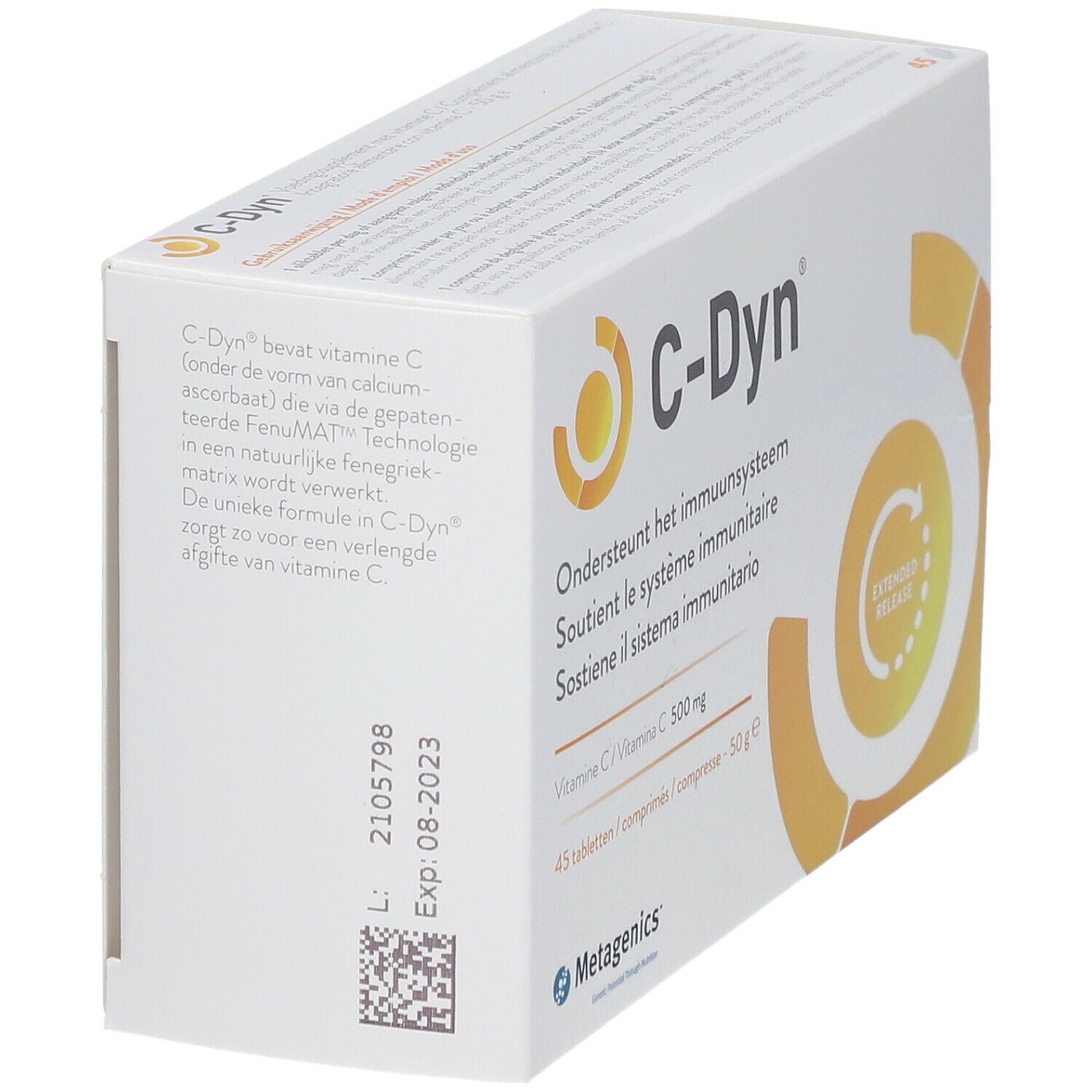 C-Dyn®-verpakking, schuin. Tekst: Vitamine C 500 mg, 45 tabletten. Metagenics-logo. Houdbaarheid: 08-2023. QR-code.