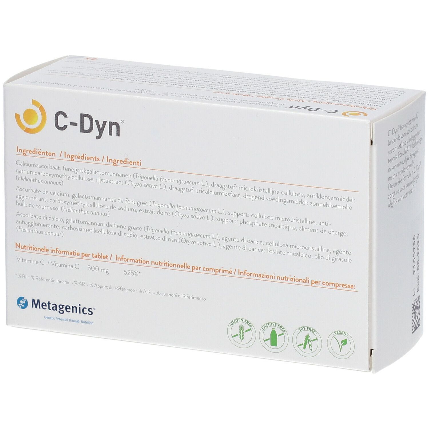 C-Dyn®-verpakking. Ingrediëntenlijst en voedingsinformatie. Metagenics-logo. Symbolen: glutenvrij, sojavrij, zuivelvrij.