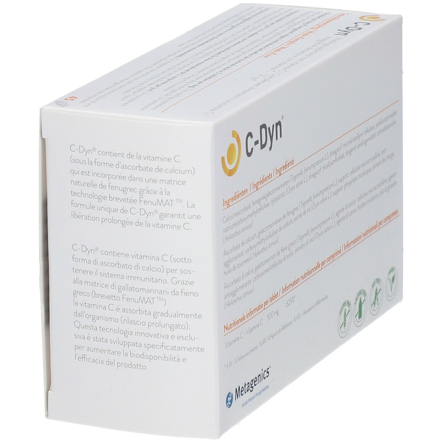 C-Dyn®-verpakking. Tekst: Vitamine C, 500 mg. Metagenics-logo. Symbolen: glutenvrij, sojavrij, zuivelvrij.