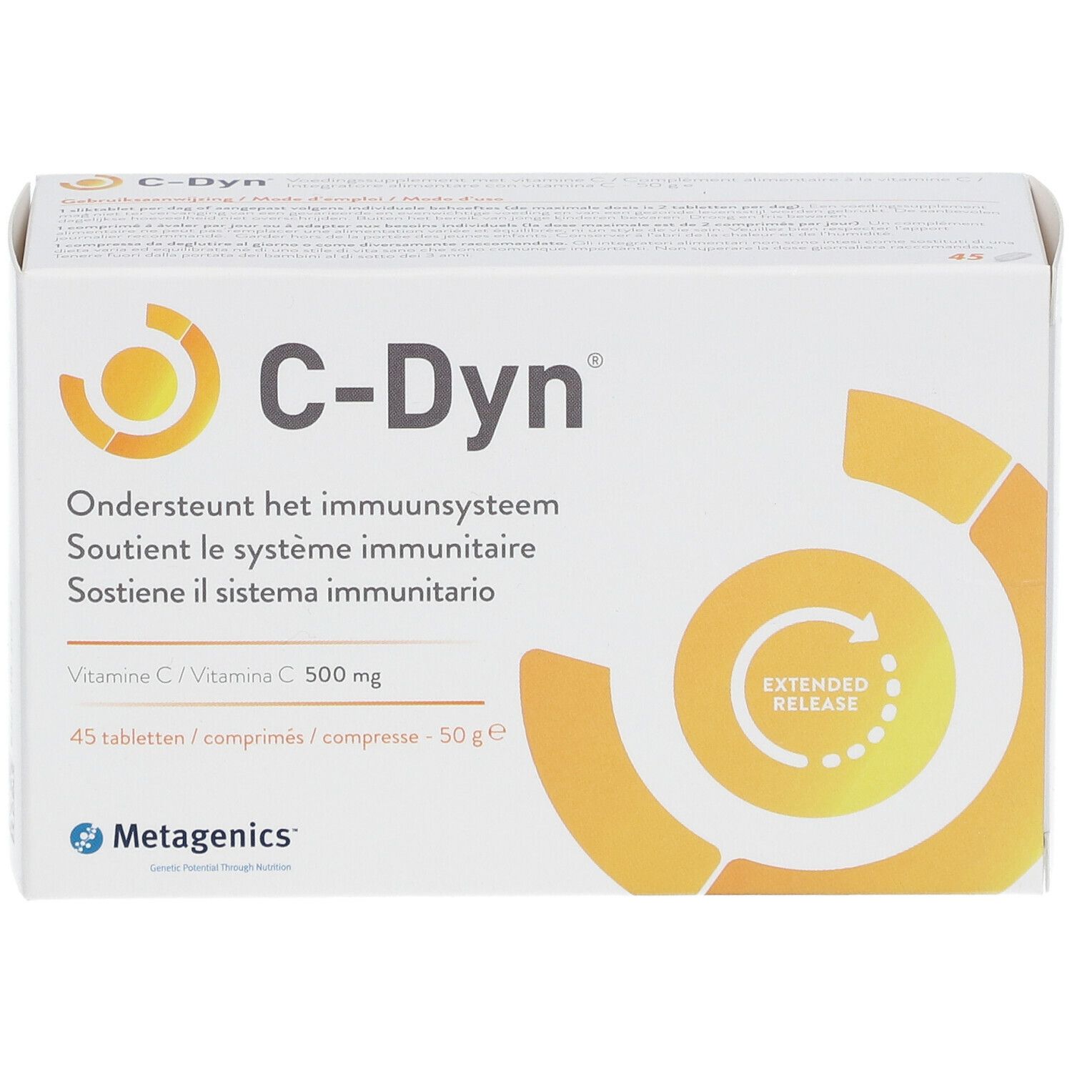 C-Dyn®-verpakking. Bevat 45 tabletten vitamine C 500 mg. Met Metagenics-logo en Extended Release-symbool.