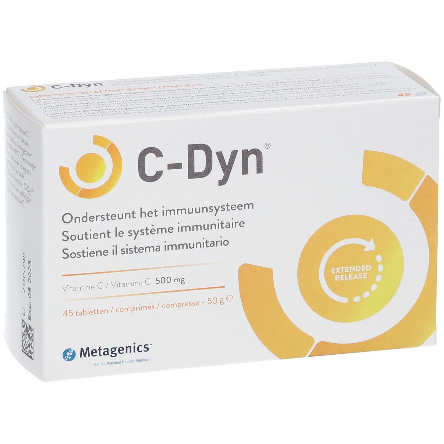 C-Dyn®-verpakking. Bevat 45 tabletten vitamine C 500 mg. Met Metagenics-logo en Extended Release-symbool.