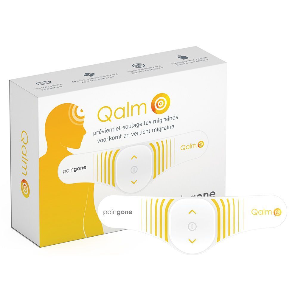 Appareil blanc et jaune pour migraines. Texte : Qalm, Paingone.