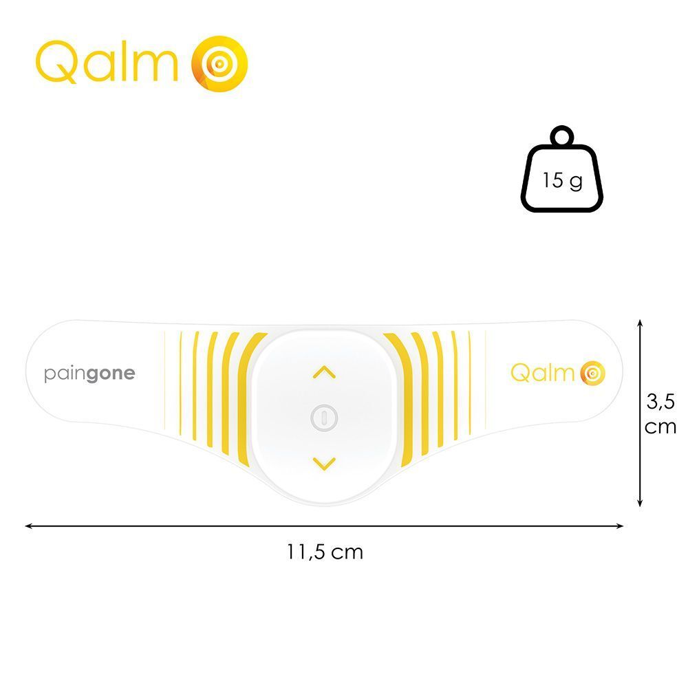 Appareil blanc et jaune pour migraines. Texte : Qalm, Paingone.