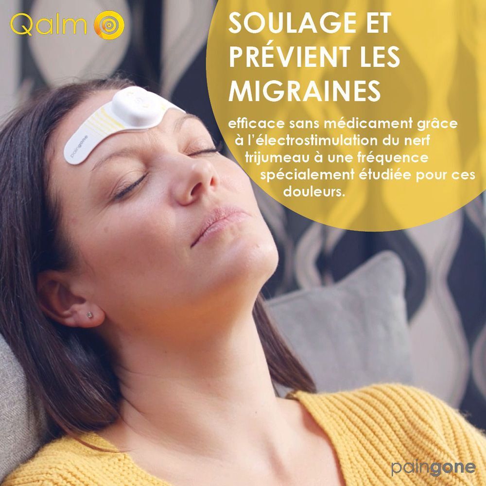 Appareil blanc et jaune pour migraines. Texte : Qalm, Paingone.