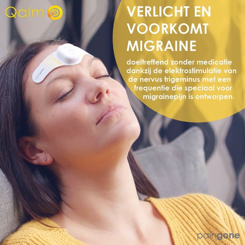 Wit en geel apparaat voor migraine. Tekst: Qalm, Paingone.