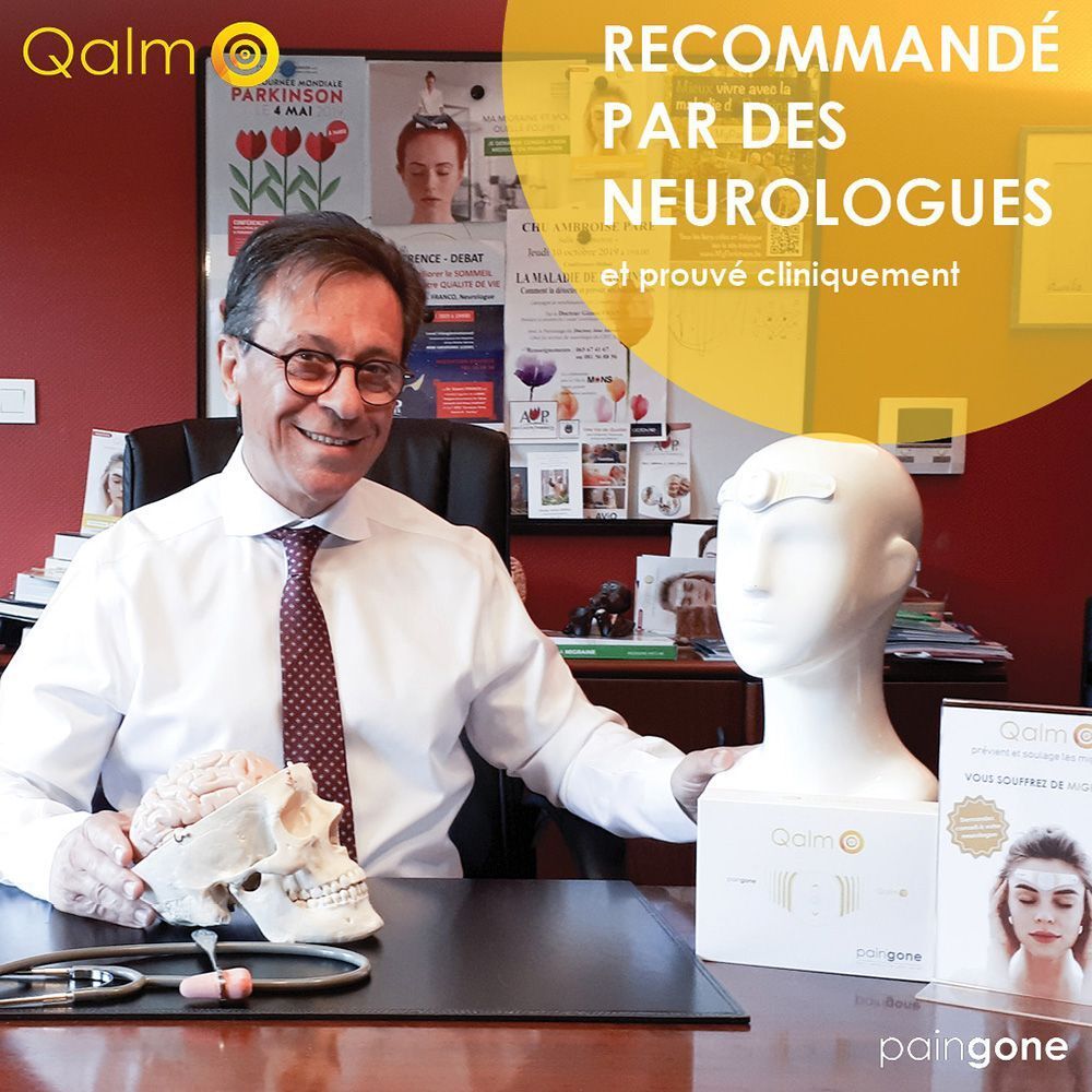 Appareil blanc et jaune pour migraines. Texte : Qalm, Paingone.