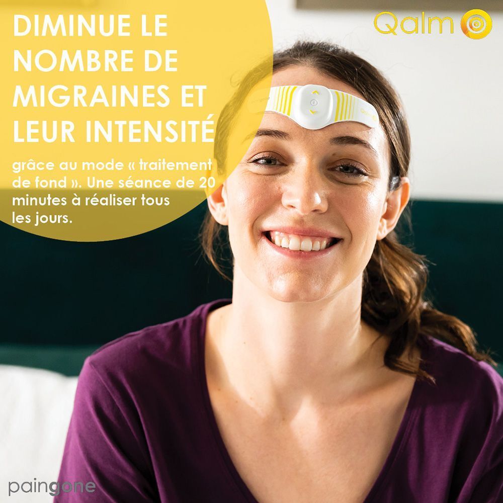 Dos de l'emballage avec texte et illustration. Texte : Qalm.
