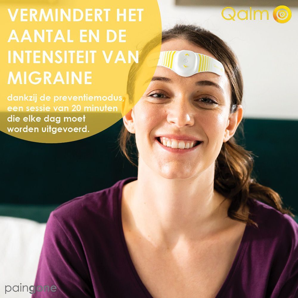 Wit en geel apparaat voor migraine. Tekst: Qalm, Paingone.