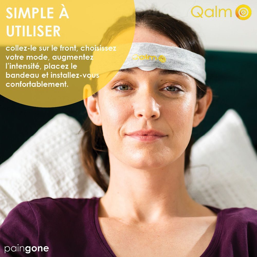 Appareil blanc et jaune pour migraines, en boîte. Texte : Qalm, Paingone.