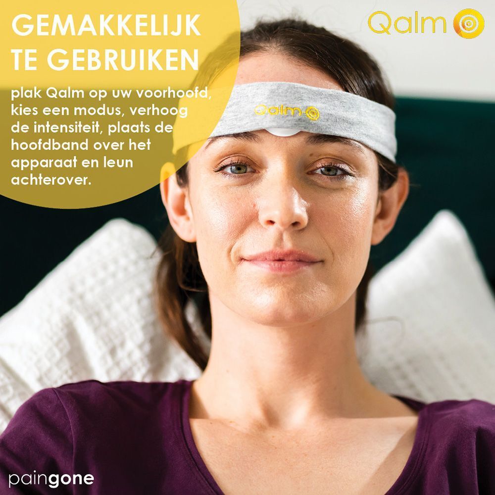 Wit en geel apparaat voor migraine. Tekst: Qalm, Paingone.