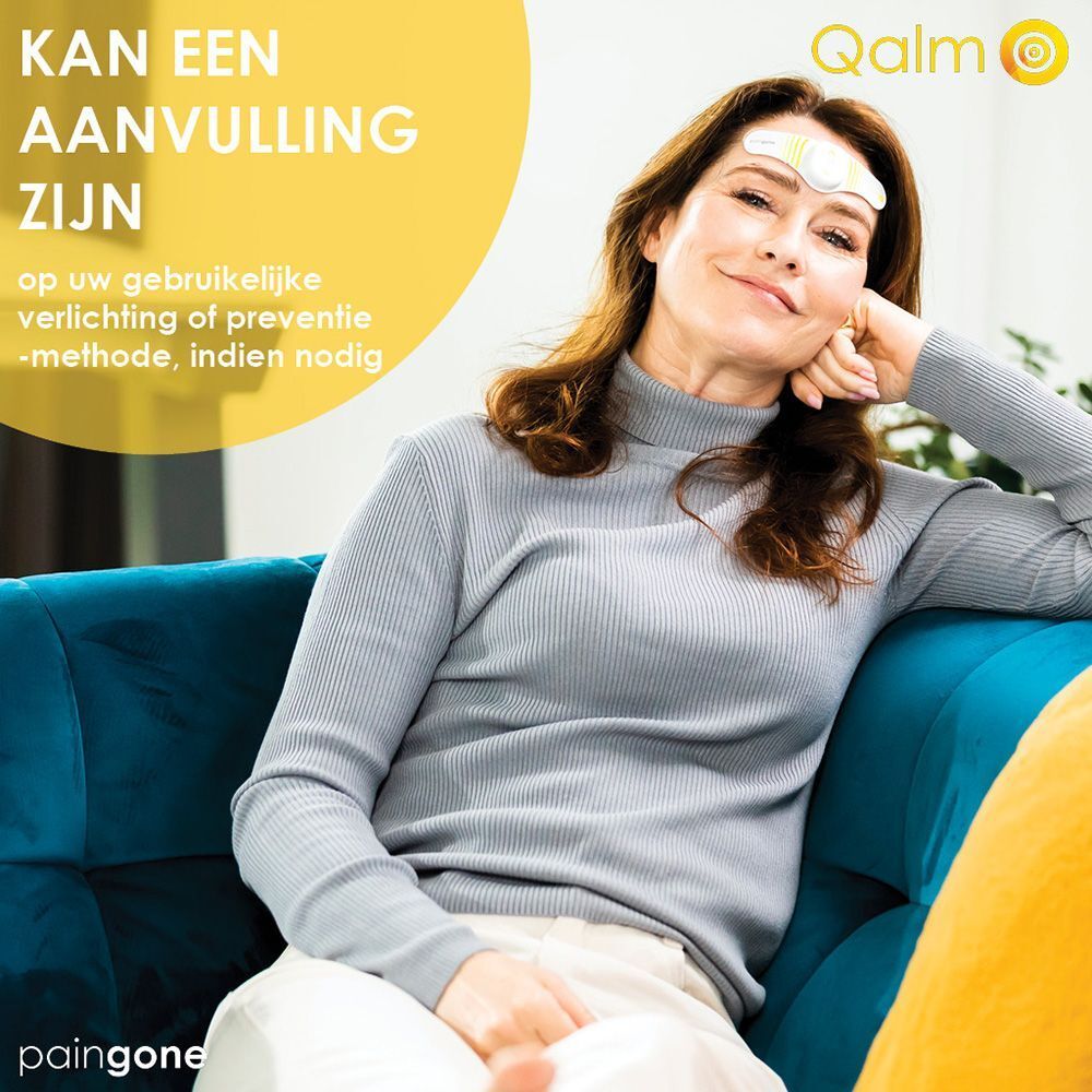 Wit en geel apparaat voor migraine. Tekst: Qalm, Paingone.