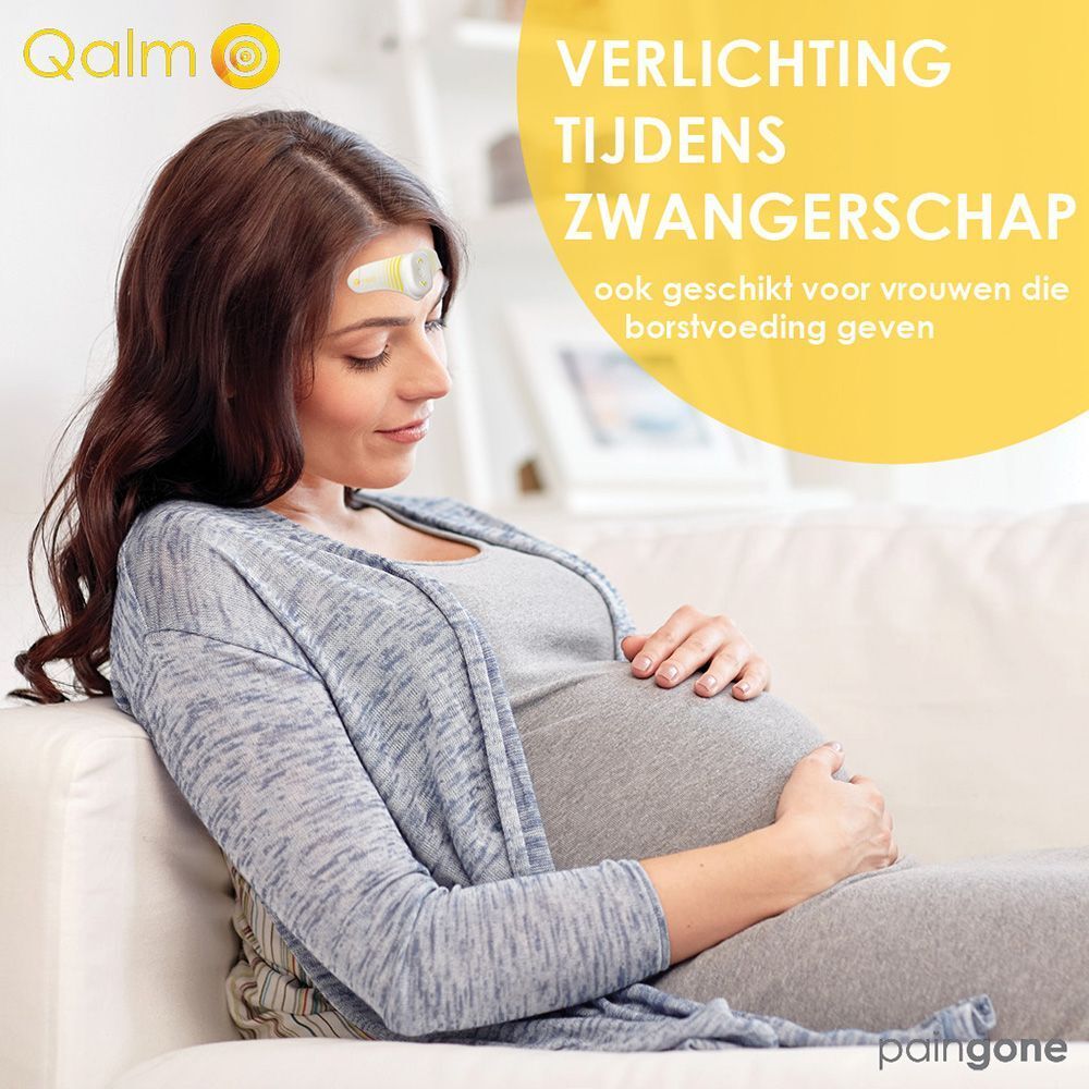 Wit en geel apparaat voor migraine. Tekst: Qalm, Paingone.