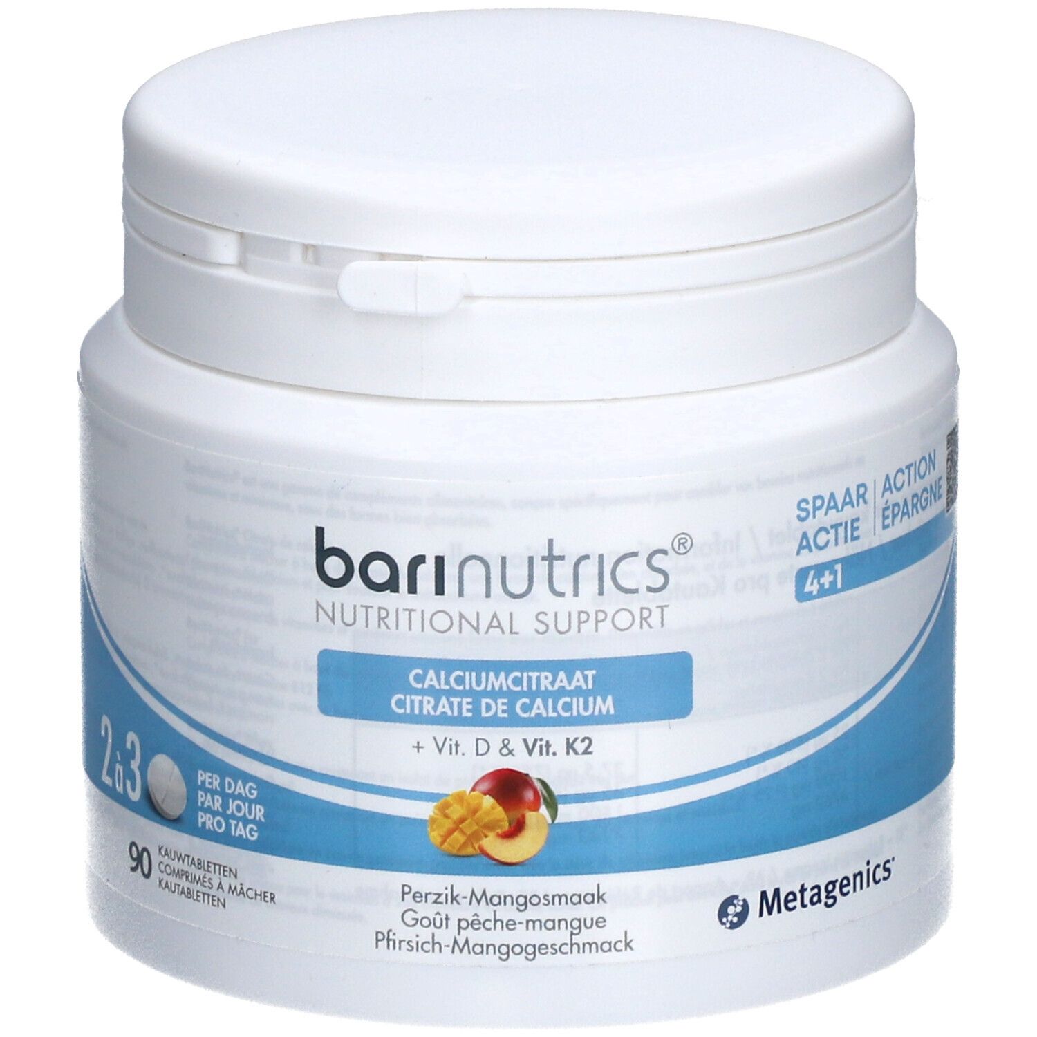 Witte pot BariNutrics. Opschrift: Calciumcitraat + Vit. D & Vit. K2. Smaak: Perzik-Mango.