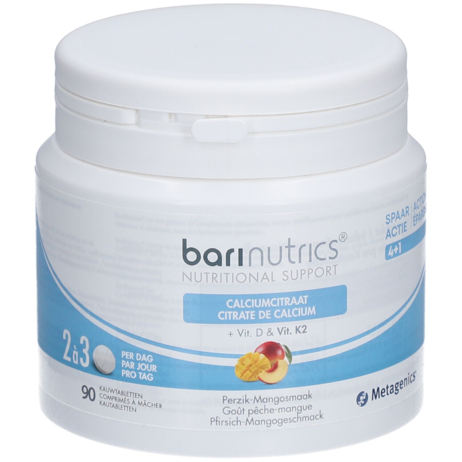 Witte pot BariNutrics. Opschrift: Calciumcitraat + Vit. D & Vit. K2. Smaak: Perzik-Mango.
