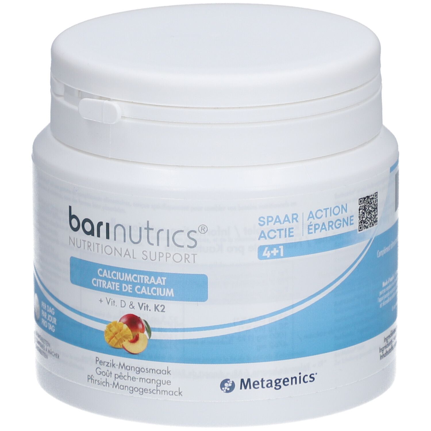 Witte pot BariNutrics. Opschrift: Calciumcitraat + Vit. D & Vit. K2. Smaak: Perzik-Mango.