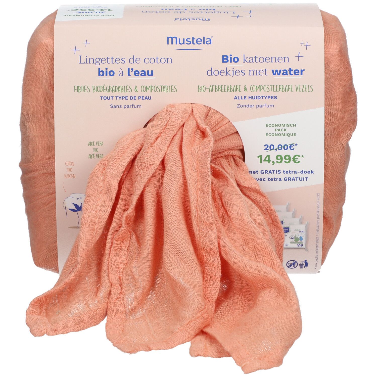 Verpakking met Mustela-doekjes. Opschrift: bio katoen met water, zonder parfum. Eén doekje is zichtbaar.