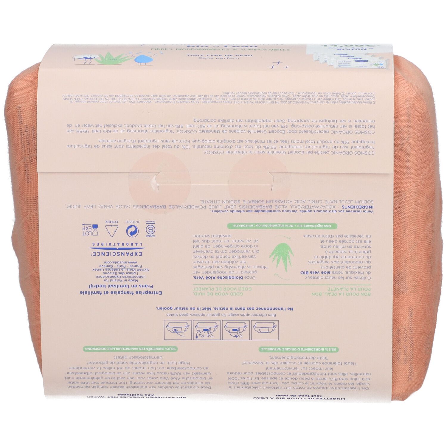 Achterkant van de verpakking met doekjes. Tekst: Mustela, ingrediënten, gebruiksaanwijzing.