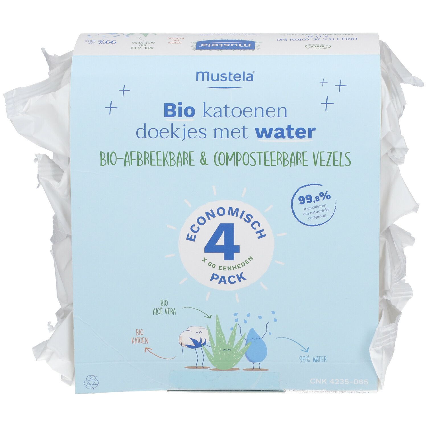 Verpakking met Mustela-doekjes. Opschrift: bio katoen met water, 4 x 60 doekjes.