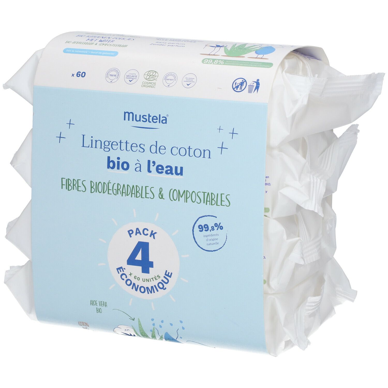 Verpakking met Mustela-doekjes. Opschrift: bio katoen met water, 4 x 60 doekjes.
