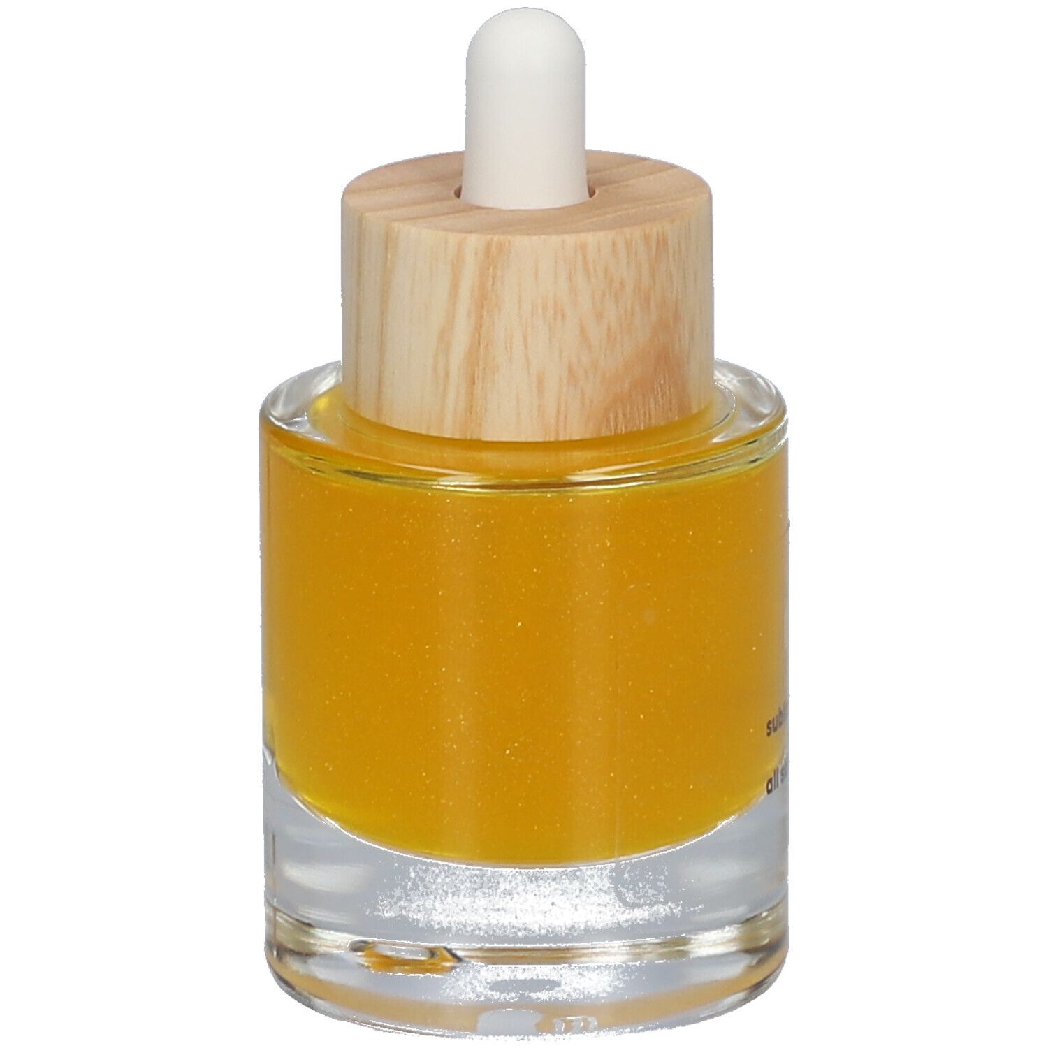 Glasflasche mit Holzdeckel und Pipette, gefüllt mit goldenem Öl.