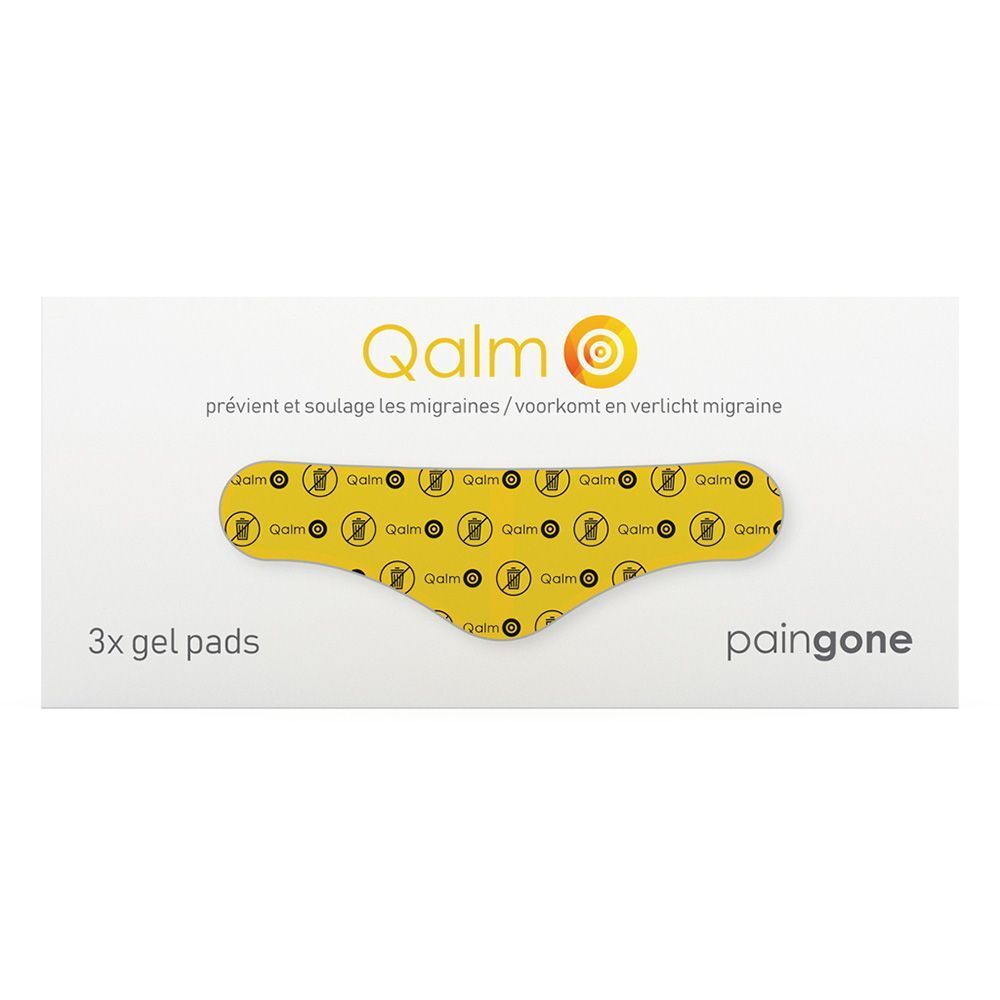 Boîte blanche avec 3 recharges de gel pads jaunes. Inscription Qalm, 3x gel pads, paingone. Pads en forme de bandeau.