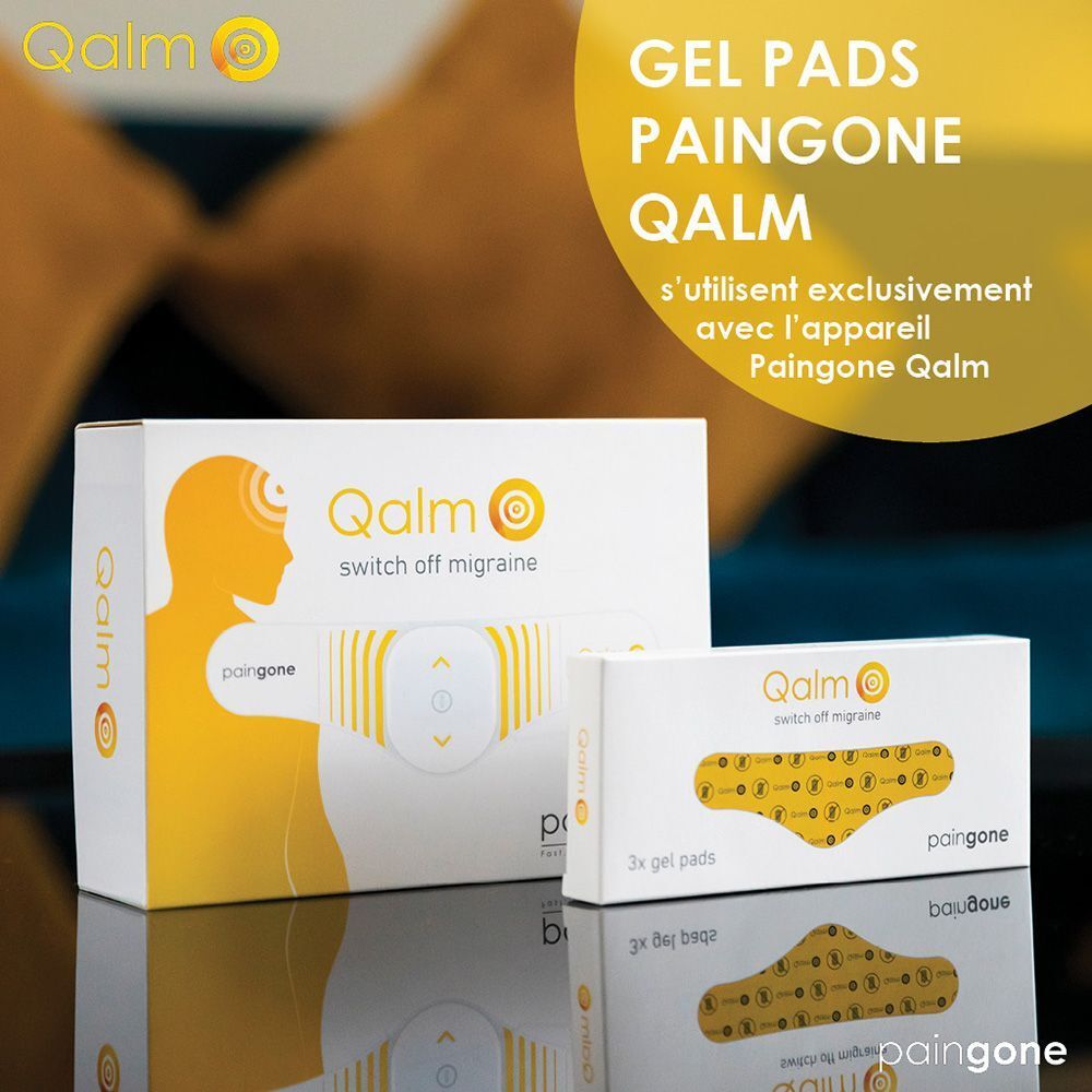 Boîte blanche avec 3 recharges de gel pads jaunes. Inscription Qalm, 3x gel pads, paingone. Pads en forme de bandeau.