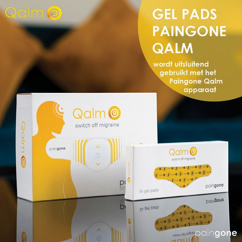 Witte doos met 3 gele gel pads. Opschrift Qalm, 3x gel pads, paingone. Pads in de vorm van een hoofdband.
