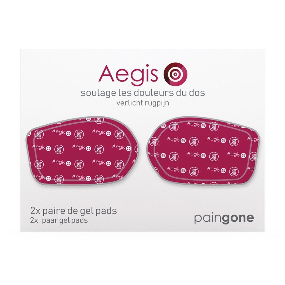 Verpakking met twee paar Aegis gelpads. Opschrift: Aegis, verlicht rugpijn. Merk: Paingone.