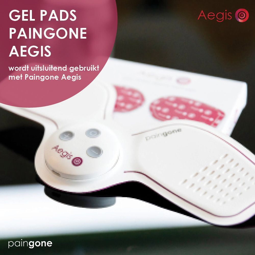 Productdemonstratie: Aegis-apparaat en gelpads. Tekst: Aegis, verlicht rugpijn. Merk: Paingone.