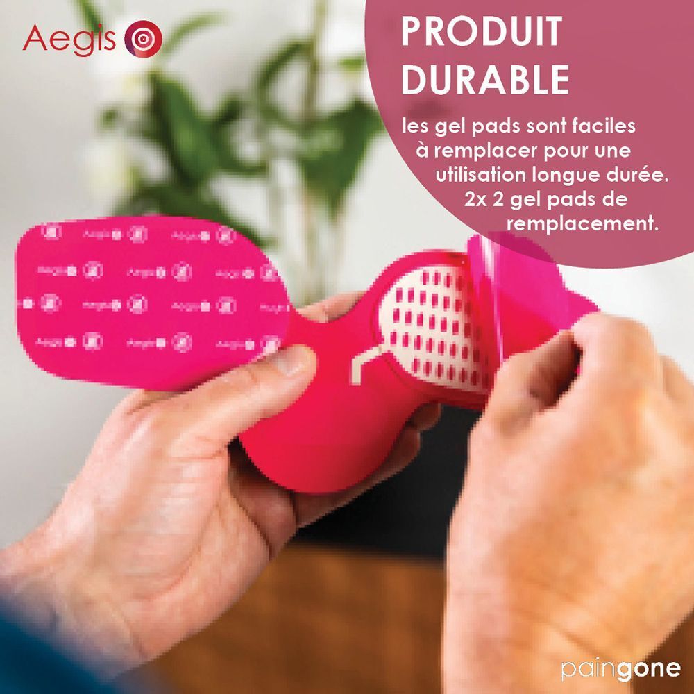 Démonstration du produit : retrait du coussinet de gel de son support. Texte : Produit durable. Marque : Paingone.