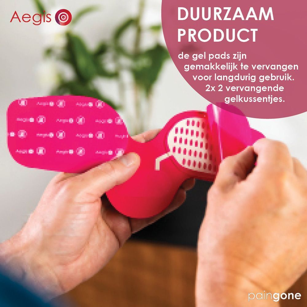 Productdemonstratie: gelpad wordt uit de houder verwijderd. Tekst: Duurzaam product. Merk: Paingone.
