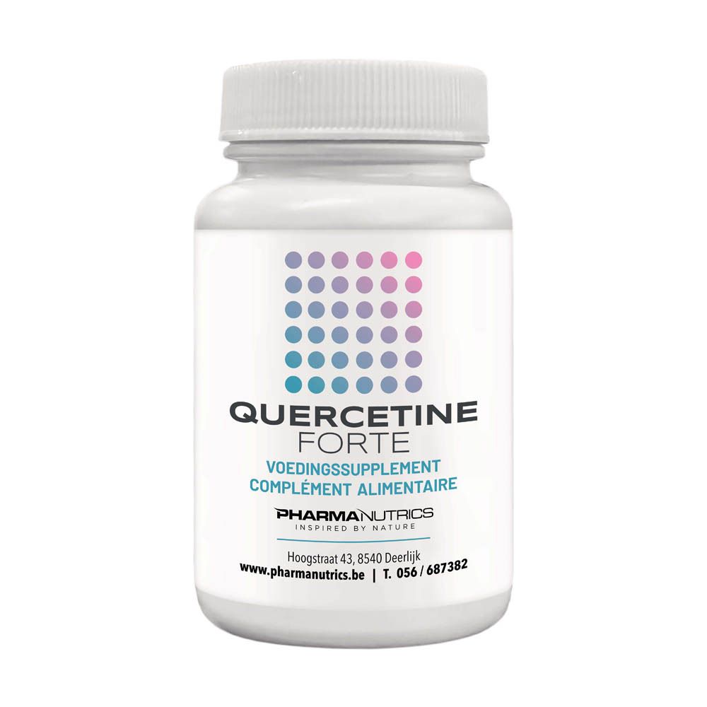 Witte fles met capsules. Opschrift: Quercetine Forte, voedingssupplement. PharmaNutrics logo.