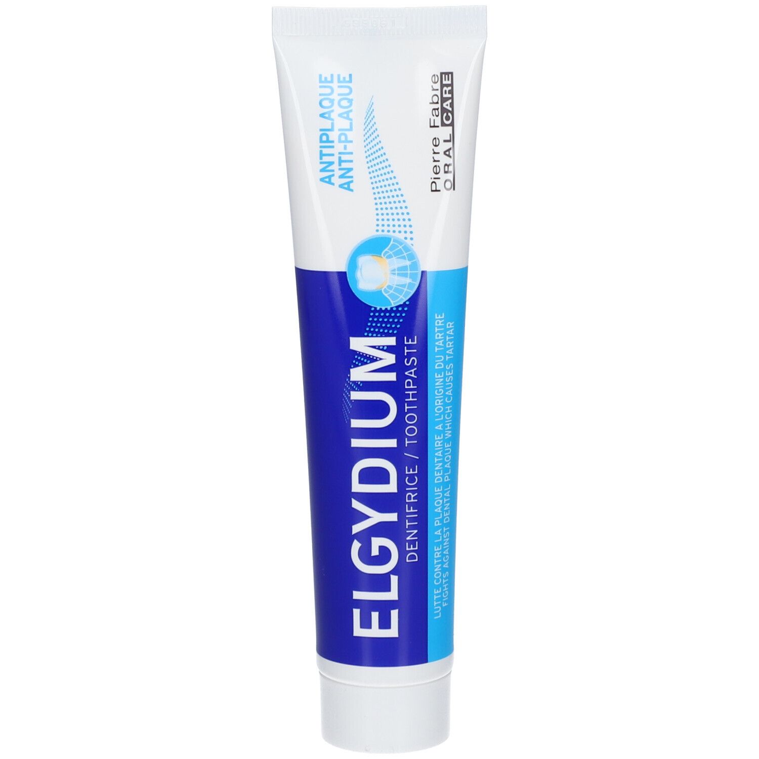 Elgydium Zahnpasta Tube, weiß und blau, mit Anti-Plaque-Formel.
