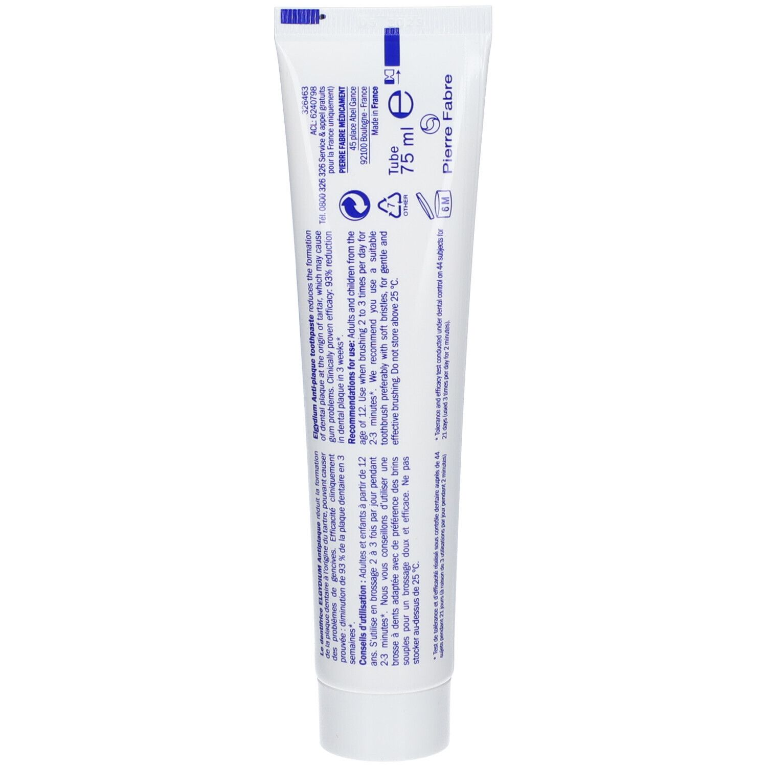 Rückseite der Elgydium Zahnpasta Tube mit Anwendungshinweisen und Inhaltsstoffen.