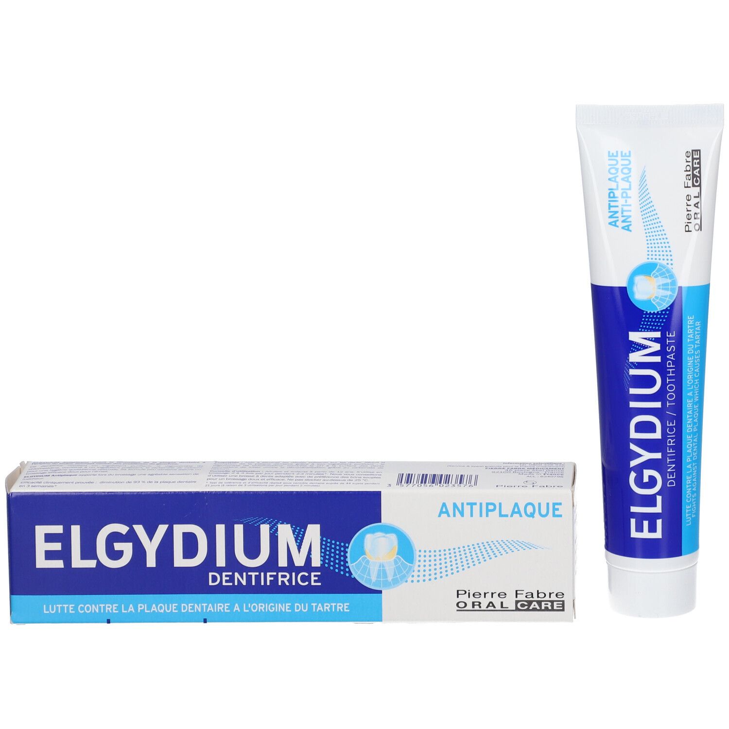 Elgydium Zahnpasta Tube und Kartonverpackung, weiß und blau.