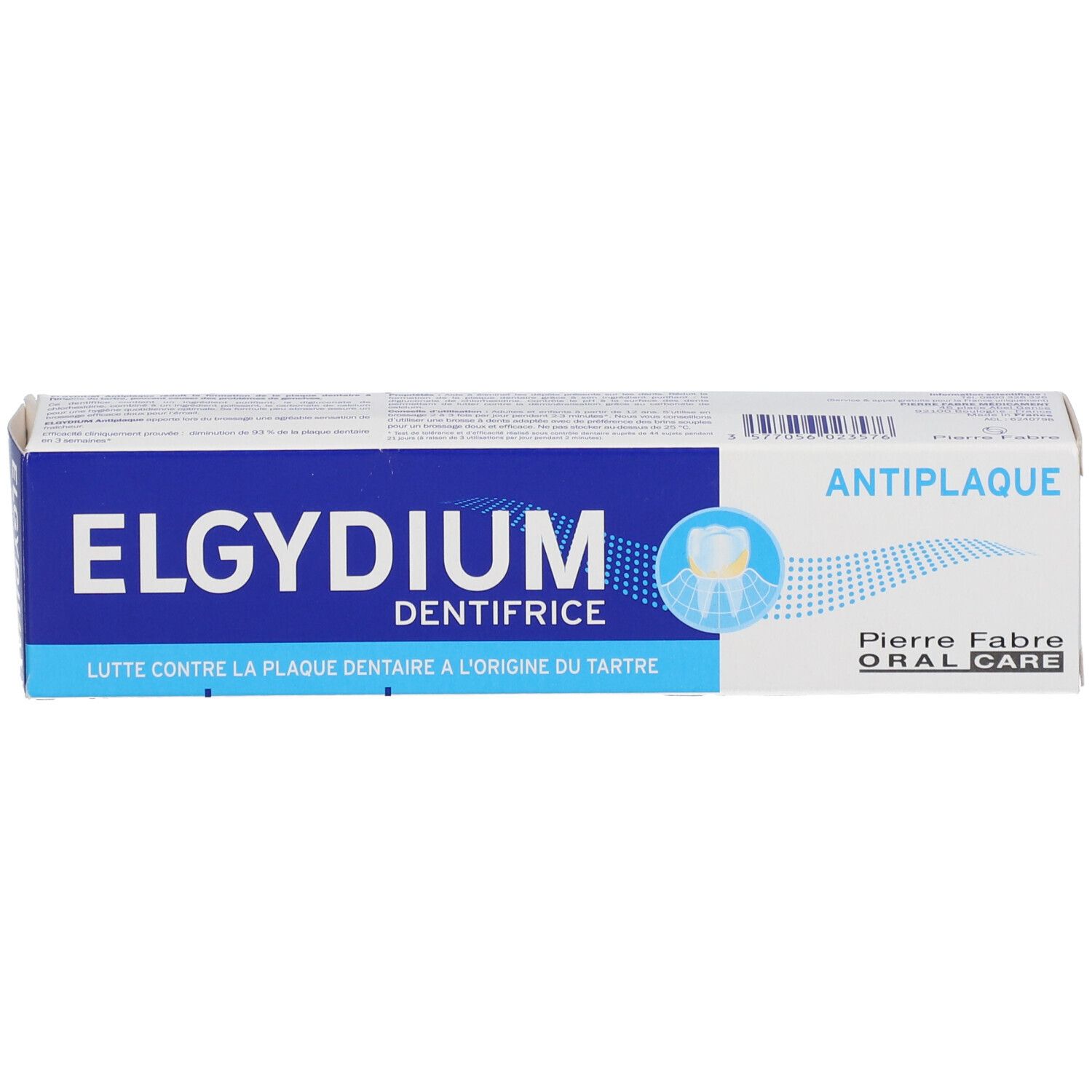 Kartonverpackung Elgydium Zahnpasta, weiß und blau, mit Anti-Plaque-Aufschrift.