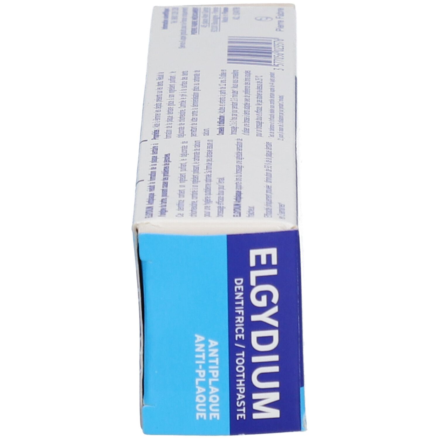Seitenansicht der Elgydium Zahnpasta Kartonverpackung, blau und weiß.
