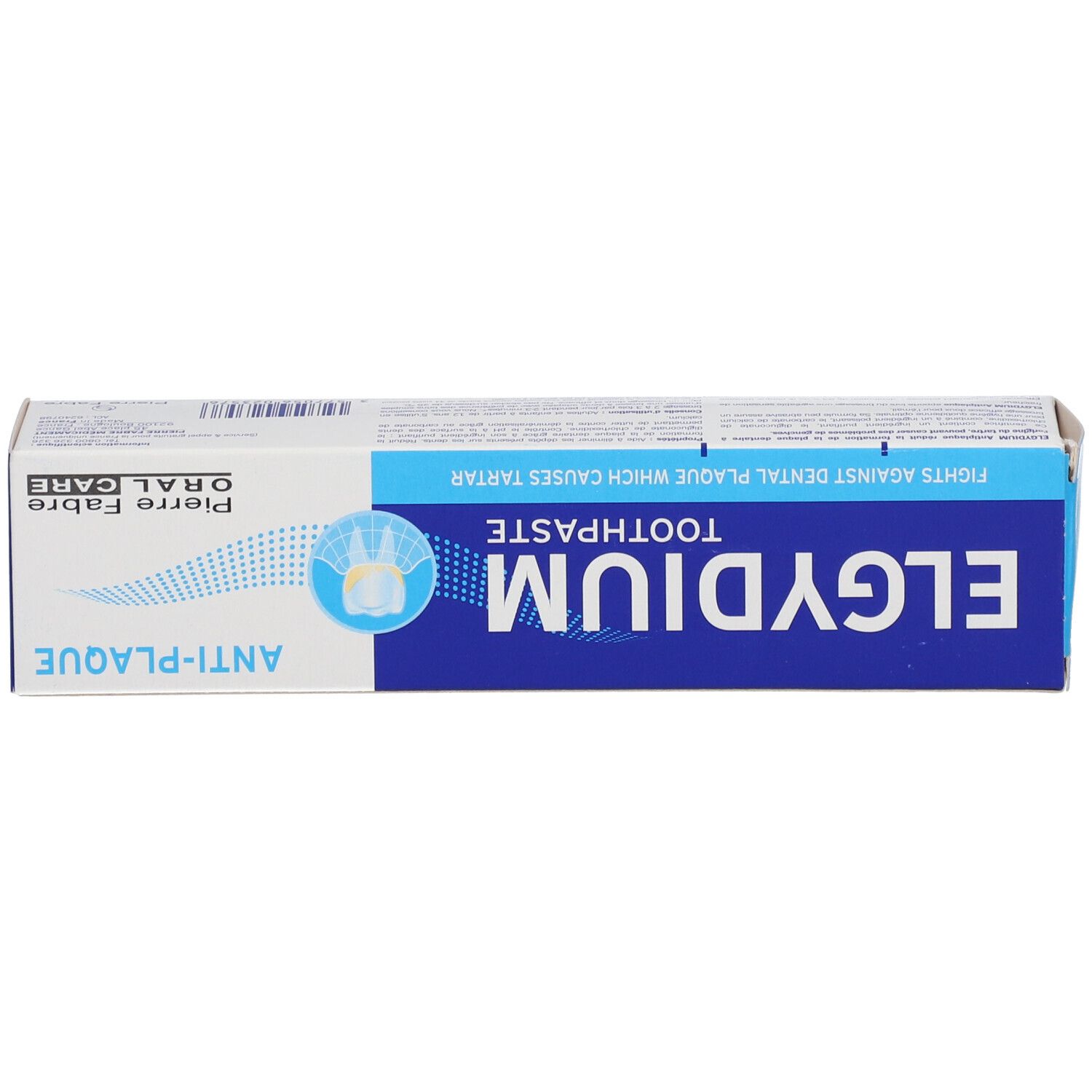 Elgydium Zahnpasta Kartonverpackung, weiß und blau, mit Anti-Plaque-Aufschrift.