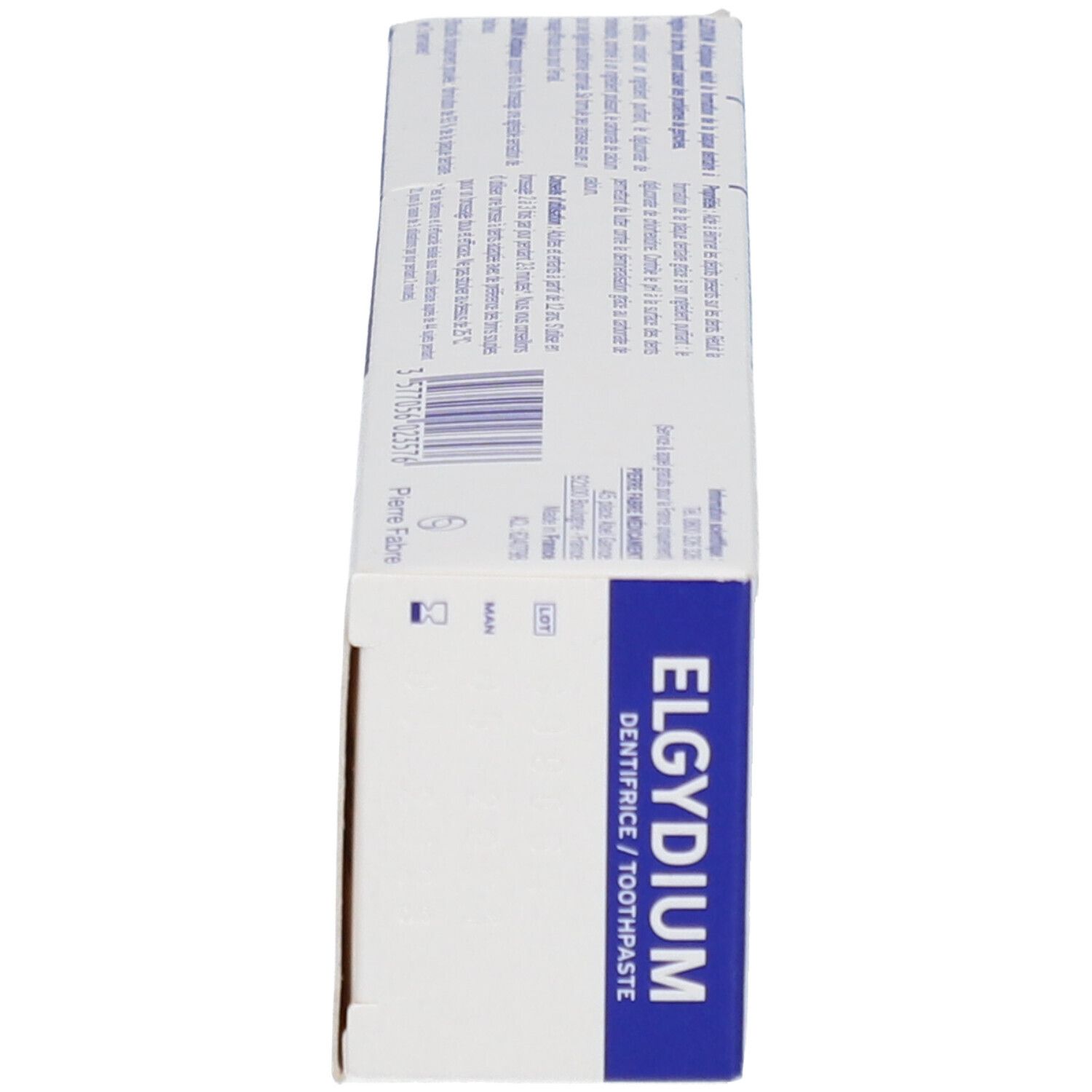 Seitenansicht der Elgydium Zahnpasta Kartonverpackung, blau und weiß.