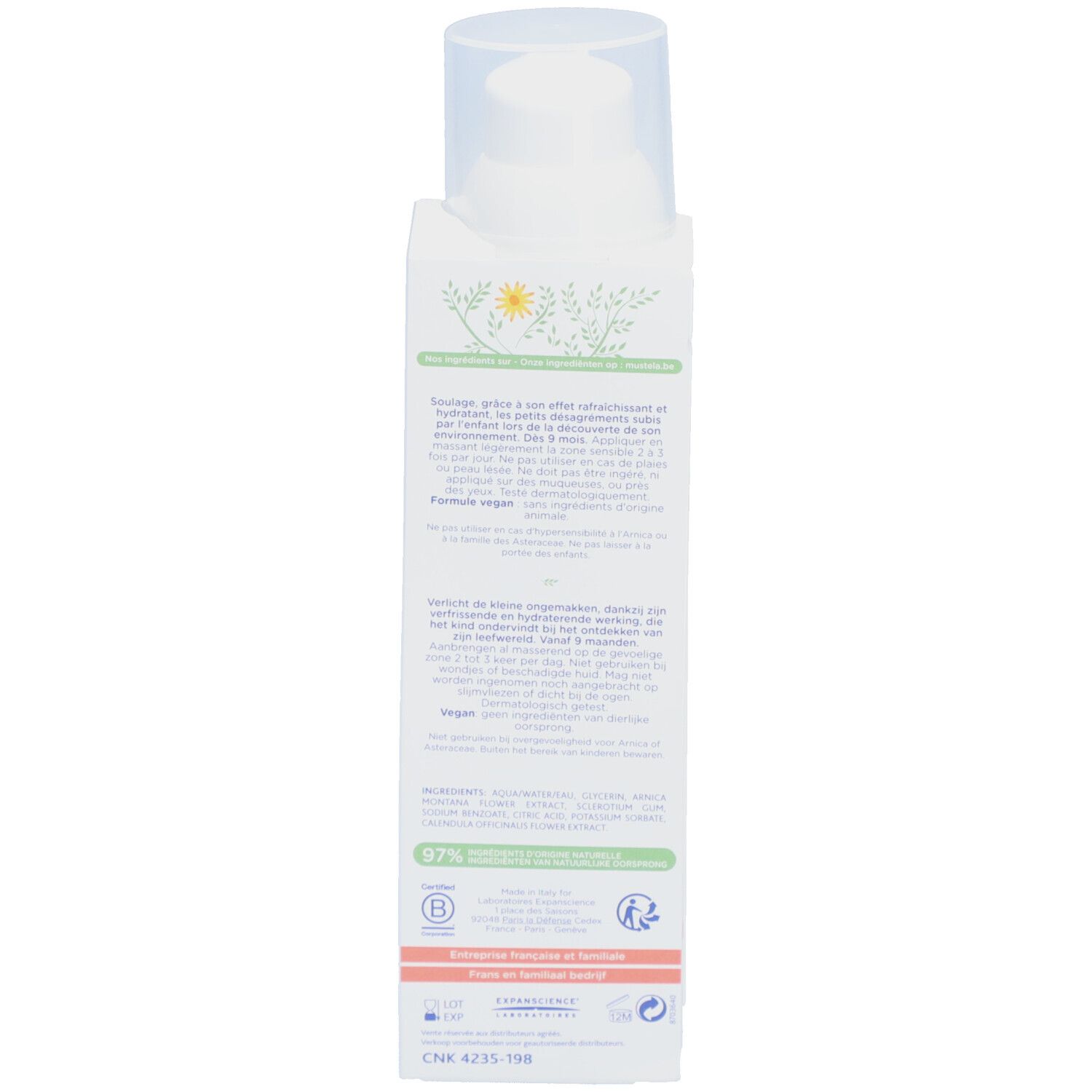 Dos du flacon blanc avec texte. Étiquette avec informations sur le produit et logos. Emballage transparent.