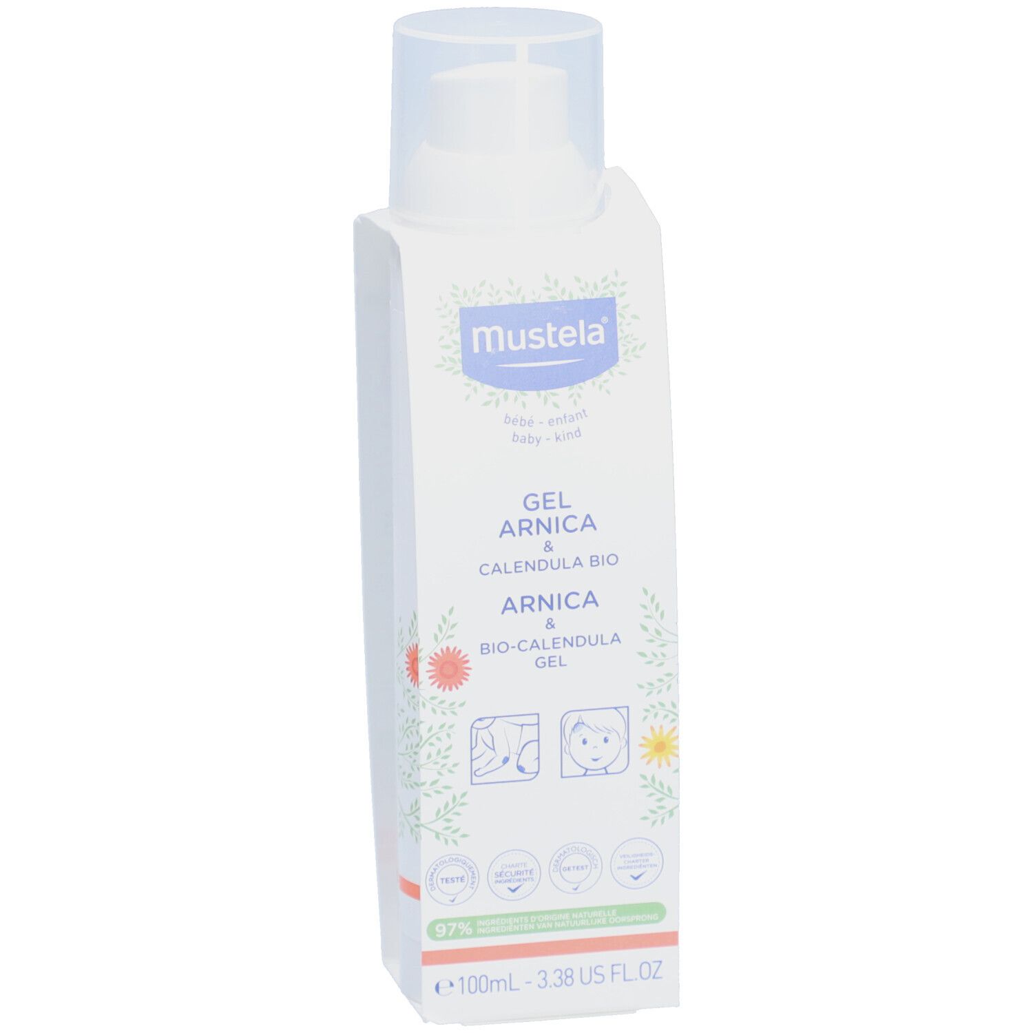 Flacon blanc avec pompe. Inscription: Mustela, Gel Arnica & Calendula BIO. Illustrations et logos.