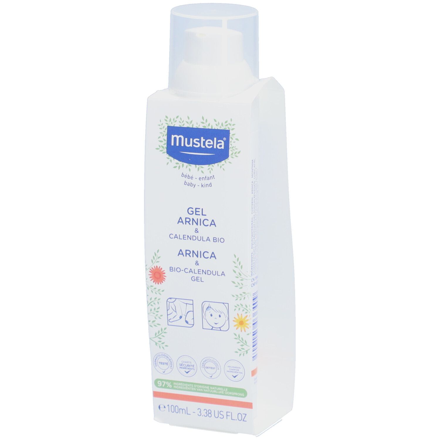 Flacon blanc avec pompe. Inscription: Mustela, Gel Arnica & Calendula BIO. Illustrations et logos.