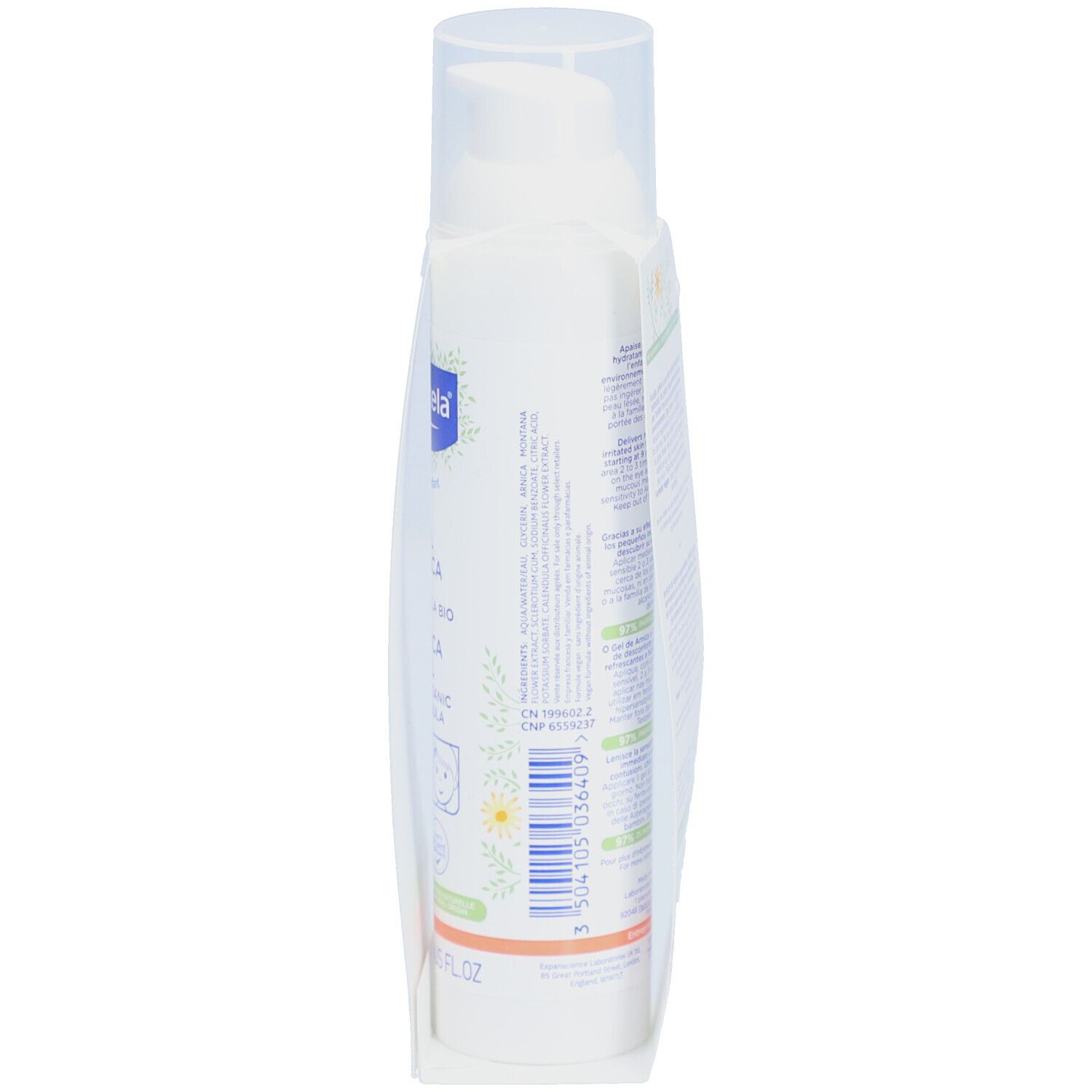 Dos du flacon blanc avec texte. Étiquette avec informations sur le produit et logos. Emballage transparent.