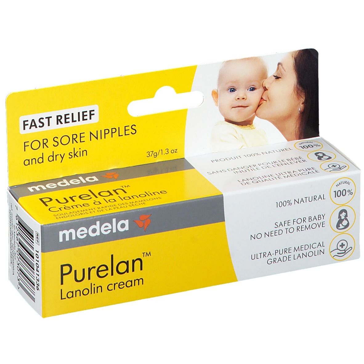 Boîte de crème à la lanoline Purelan. Jaune et blanche, avec nom et logo. Image d'une mère et d'un bébé. Ingrédients naturels.
