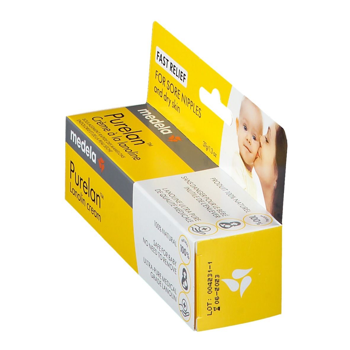 Boîte de crème à la lanoline Purelan. Jaune et blanche, avec nom et logo. Image mère-enfant. 37g/1.3 oz. Ingrédients naturels.