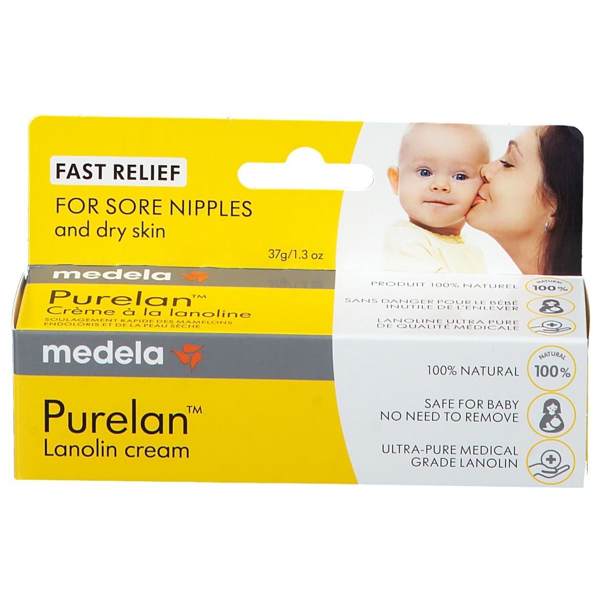 Deux boîtes de crème à la lanoline Purelan. Jaunes et blanches, avec nom et logo. Image mère-enfant. 37g/1.3 oz.