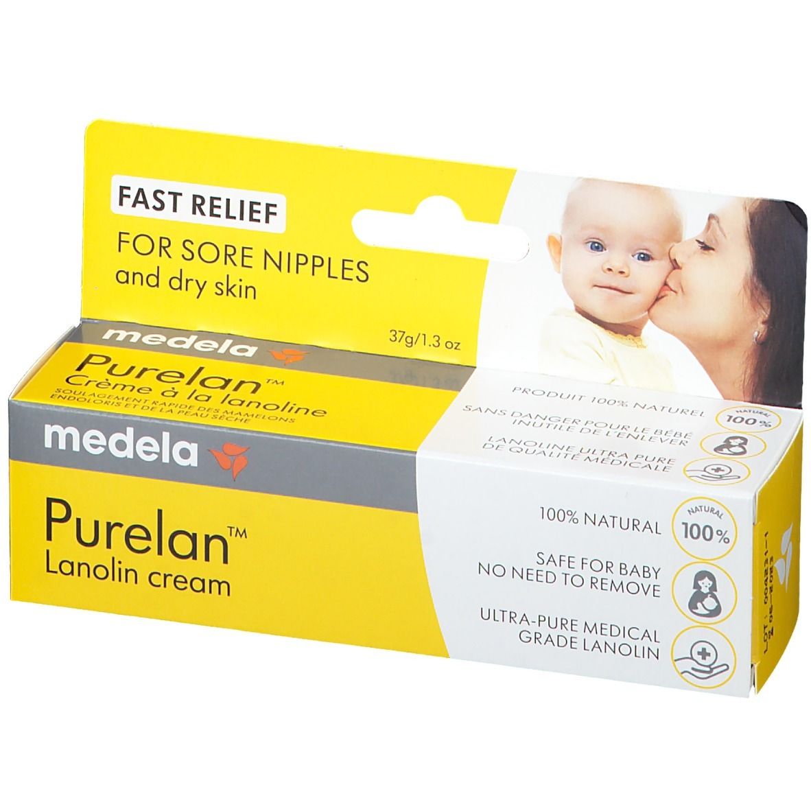 Boîte de crème à la lanoline Purelan. Jaune et blanche, avec nom et logo. Image mère-enfant. 37g/1.3 oz. Ingrédients naturels.
